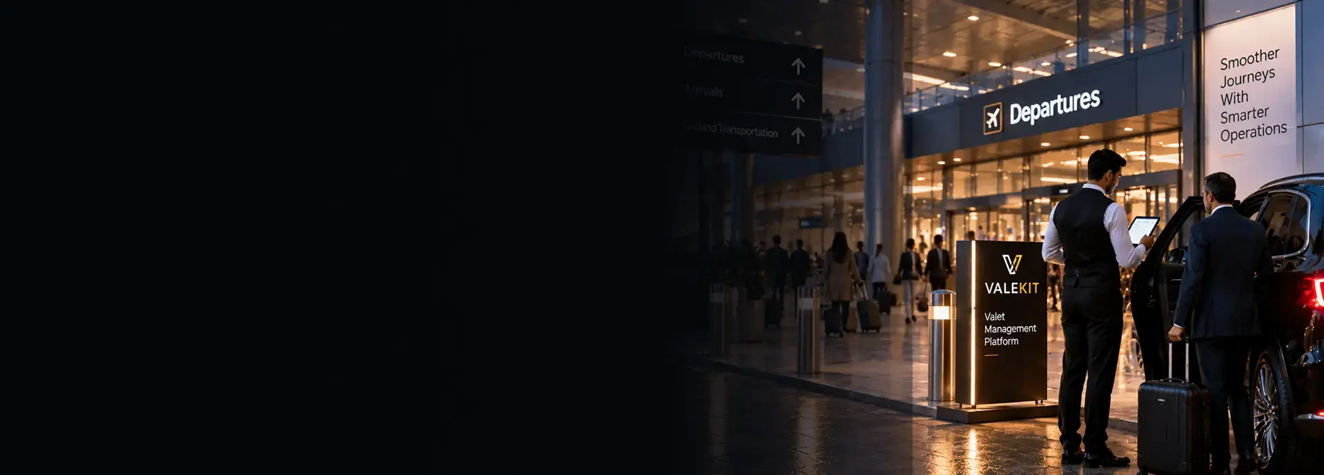 Valet attendant using ValeKit airport valet parking software on a tablet at an airport terminal curb at night