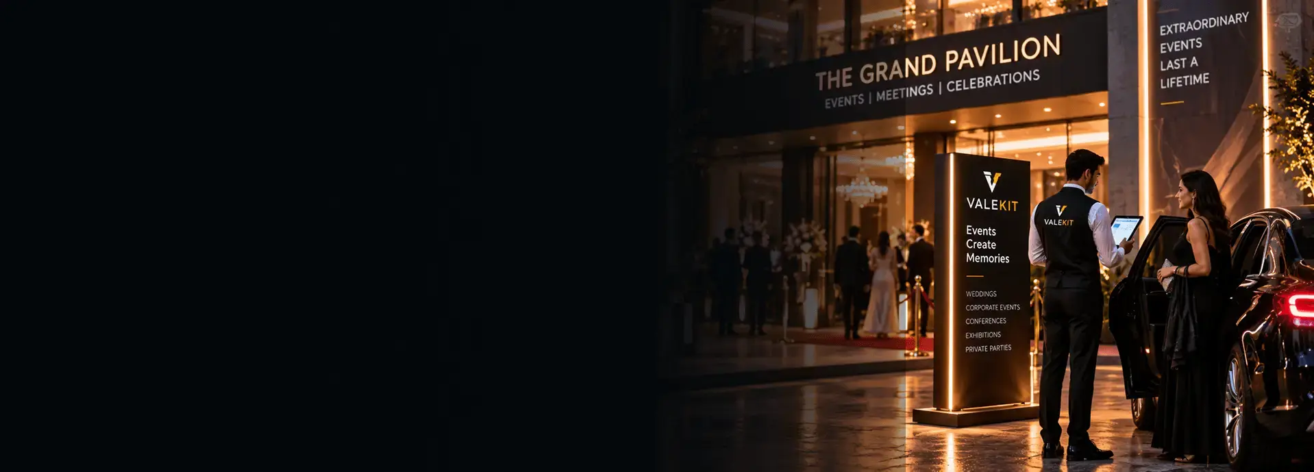 Valet attendant using ValeKit event valet parking software on a tablet at a venue entrance at night