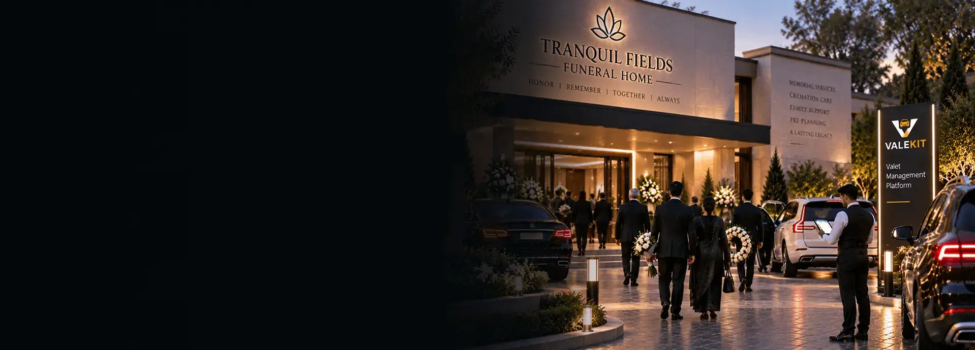 Valet attendant using ValeKit funeral home valet parking software on a tablet at a funeral home entrance at dusk