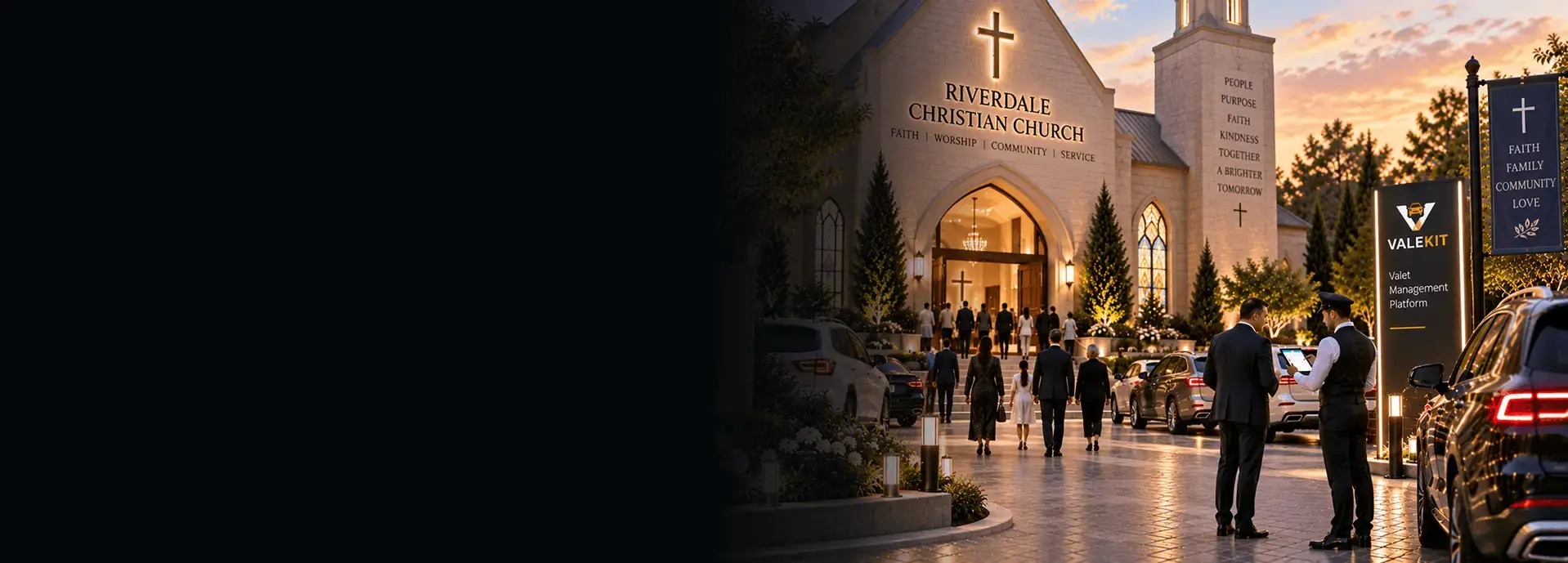 Valet attendant using ValeKit valet parking software on a tablet at a spiritual center entrance at dusk