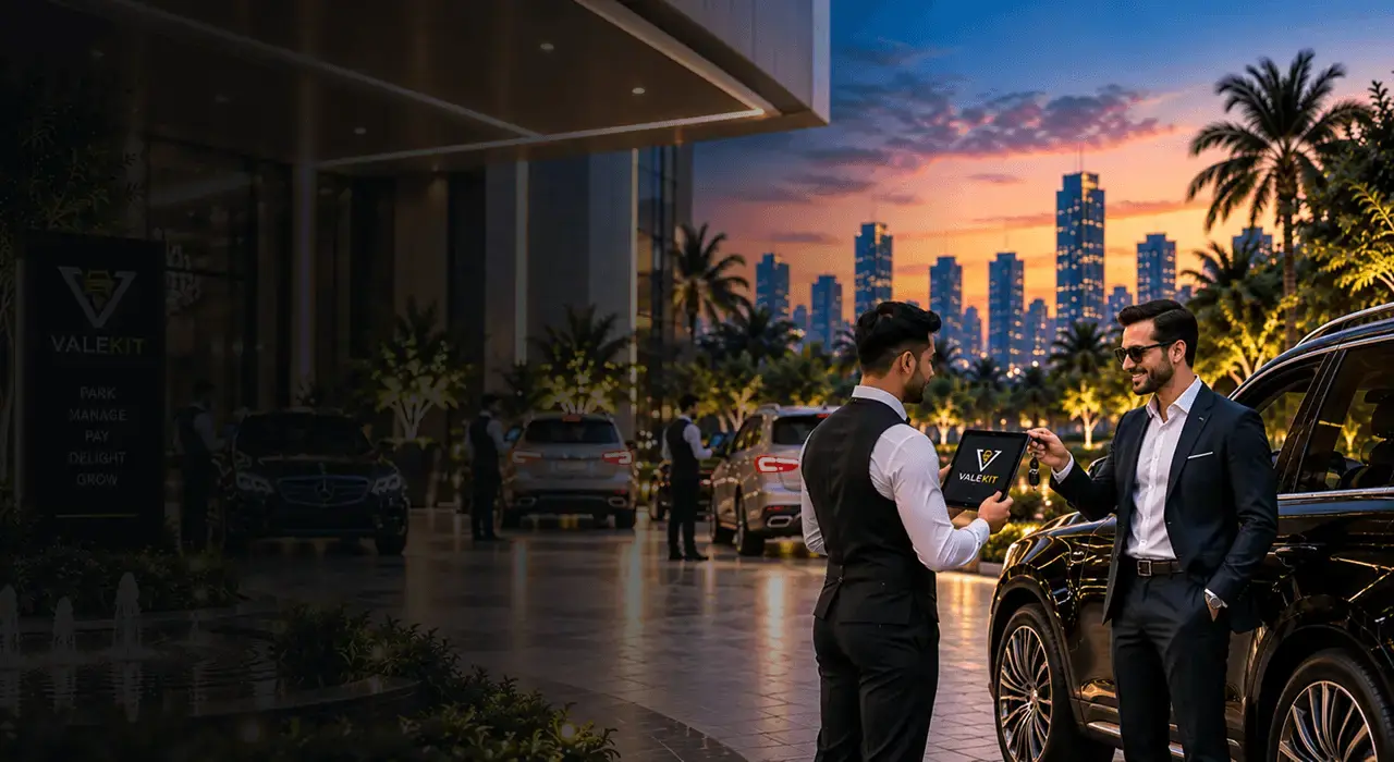 Valet attendant using ValeKit on a tablet at a hotel entrance at night