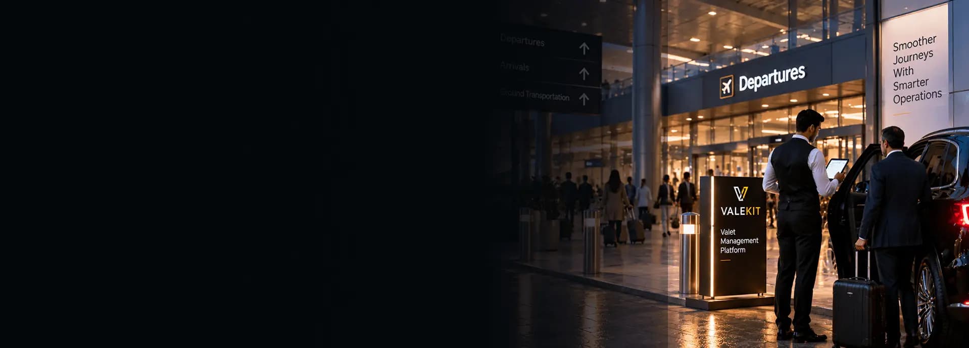 Valet attendant using ValeKit airport valet parking software on a tablet at an airport terminal curb at night