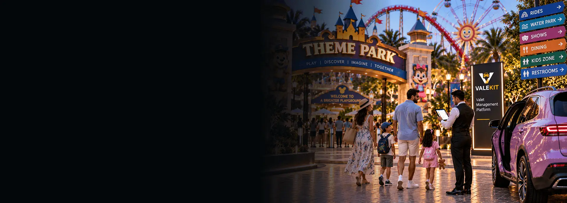 Valet attendant using ValeKit theme park valet parking software on a tablet at a theme park entrance at night